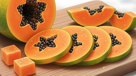 A vibrant and colorful illustration of papaya slices arranged on a wooden cutting board, showcasing the fruit's juicy texture and black seeds.の素材