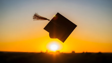 A silhouette of a graduation cap being thrown into the air against a vibrant orange sunset, symbolizing achievement and celebration.の素材