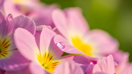 A close-up view of pink flowers with a water droplet on one of the petals, showcasing the delicate details of the blooms.の素材