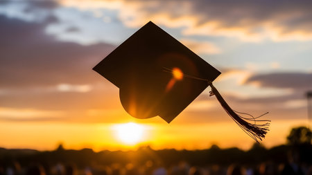 A graduation cap is seen flying high in the air against a vibrant sunset background. The image captures the moment of joy and achievement as the cap is tossed into the air, symbolizing the completion of a significant educational milestone. The sun is setting behind the cap, casting a warm orange glow across the sky.の素材