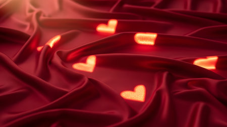 A luxurious red satin fabric with soft folds and glowing heart shapes scattered across its surface, creating a romantic and intimate atmosphere.の素材
