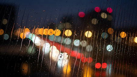 A blurred cityscape at night viewed through a rain-streaked window, with colorful lights reflecting off the wet surface.の素材