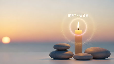 A serene image featuring a lit candle surrounded by stones on a beach at sunset, with the text 'Happy New Year' written above it, symbolizing peace and new beginnings.の素材