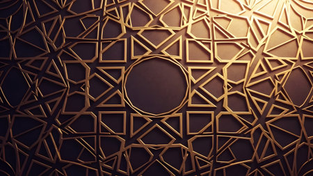 This image features a luxurious gold pattern with intricate geometric designs and a central circle, creating a sense of opulence and sophistication. The gold pattern is made up of interlocking shapes and lines that form a complex and visually striking design. The central circle adds a sense of symmetry and balance to the overall composition.の素材