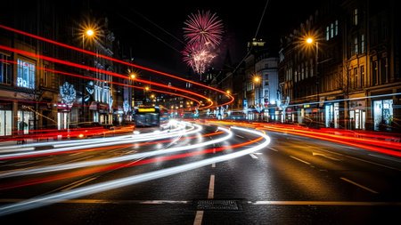 A vibrant city street at night, illuminated by the glow of streetlights and the colorful explosion of fireworks in the sky. The road is bustling with traffic, captured in a long exposure that creates streaks of light from the moving vehicles, adding a dynamic and energetic feel to the scene.の素材