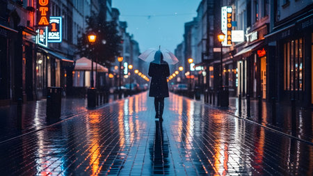 A solitary figure of a woman walking down a wet and deserted city street at dusk, holding a white umbrella, surrounded by the reflections of neon lights on the wet pavement.の素材