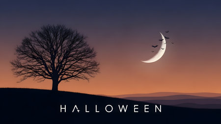 A serene halloween scene featuring a bare tree on a hill under a vibrant orange and purple sky with a crescent moon and birds flying towards it, evoking a sense of calm and mystery.の素材