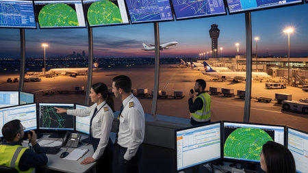 Air traffic controllers in uniform are intensely monitoring flight operations from a control room with multiple screens displaying radar and airport views. The scene includes a view of the airport runway and aircraft on the ground and in the air during dusk.の素材