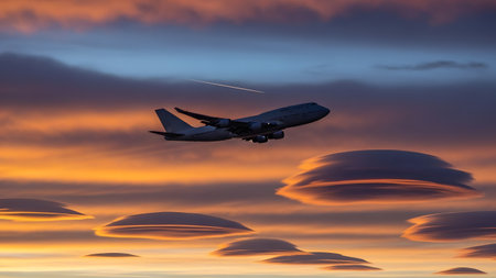 A large airplane is seen flying high in the sky during a beautiful sunset. The sky is filled with orange and blue hues, and there are several clouds visible. The airplane is silhouetted against the colorful sky, creating a striking visual effect.の素材