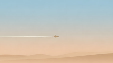 A serene image of an airplane flying over a vast desert landscape during sunset, leaving a trail behind it. The sky transitions from blue to orange, casting a warm glow over the dunes.の素材