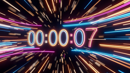 A digital countdown timer displaying 7 seconds with a neon light effect, surrounded by vibrant streaks of light in pink, blue, and orange hues against a dark background.の素材