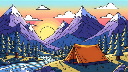 A serene cartoon illustration of a campsite in the mountains at sunset, featuring a tent, trees, a winding stream, and majestic mountains under a colorful sky.の素材