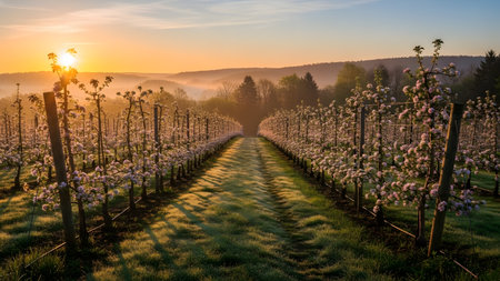 A serene apple orchard with rows of blooming trees under a vibrant sunrise, casting long shadows and a warm glow across the landscape.の素材