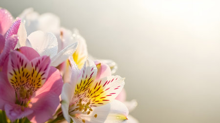 A close-up shot of alstroemeria flowers with delicate pink and white petals, showcasing their intricate details and vibrant colors.の素材