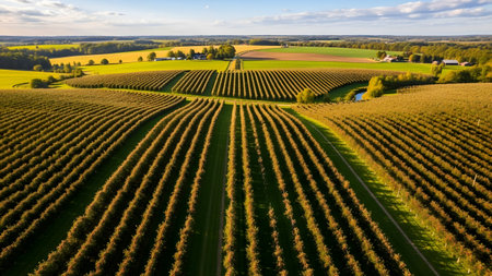 This image captures an aerial view of a vineyard, showcasing rows of grape vines stretching across the landscape. The vines are neatly arranged in a grid pattern, with a narrow dirt path running between them. In the background, a serene landscape unfolds with trees, fields, and a few buildings scattered in the distance. The sky above is a brilliant blue, dotted with clouds, adding to the picturesque scenery.の素材