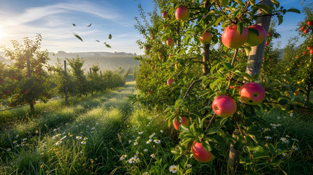 A serene apple orchard scene with ripe red apples hanging from the trees, surrounded by lush green grass and wildflowers, set against a picturesque landscape at sunset.の素材