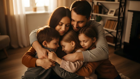 A heartwarming scene of a family of four embracing each other in their cozy living room, surrounded by warm lighting and comfortable furniture.の素材