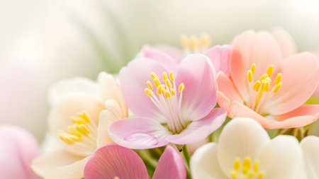 A close-up view of a bouquet of pastel pink and white flowers with yellow stamens, softly blurred background, creating a serene and delicate atmosphere.の素材