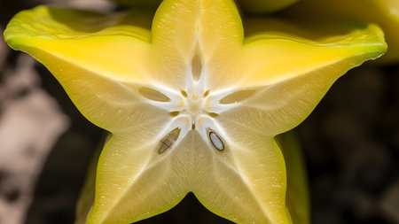 A close-up view of a starfruit cut in half, revealing its star-shaped cross section with seeds visible inside. The fruit's vibrant yellow color and symmetrical pattern are on full display.の素材