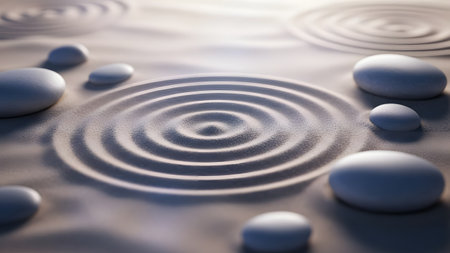 A tranquil zen garden featuring smooth stones and ripples in the sand, creating a peaceful and calming atmosphere.の素材