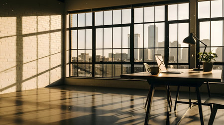 A modern office space with a large window offering a city view, illuminated by natural light. The room features a minimalist desk setup with a laptop, lamp, and plants, creating a serene and productive work environment.の素材