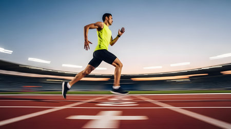 A man is sprinting on a red running track in a large stadium. He is wearing a neon green tank top, black shorts, and blue sneakers. The background is blurred, indicating motion, with the stadium's seating and lights visible under a blue and orange sky.の素材