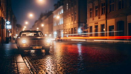A vintage car is parked on a cobblestone street at night, with its headlights on, amidst a blurred background of moving vehicles and streetlights, creating a nostalgic and serene atmosphere.の素材