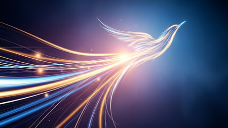 The image depicts a mesmerizing display of light trails in shades of blue and orange, swirling together to form a dynamic, abstract shape against a dark blue background. The light trails are streaked across the image, creating a sense of movement and energy. At the center, a bright light radiates, illuminating the surrounding area and adding to the overall sense of dynamism.の素材