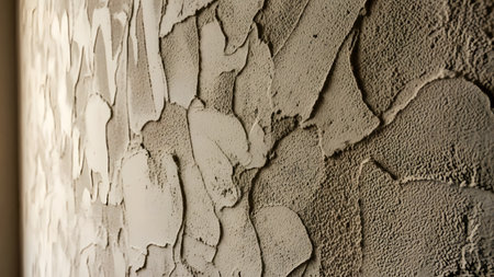 A close-up view of a wall with a cracked and peeling surface, showcasing a textured finish. The wall appears to be made of a material such as plaster or stucco, with visible cracks and flakes of material peeling away from the surface. The texture is rough and uneven, with a mix of light and dark shades creating a visually interesting pattern.の素材