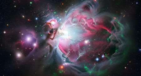 A breathtaking depiction of a nebula with swirling clouds of gas and dust, illuminated by a bright central light, surrounded by numerous stars against a dark cosmic backdrop.の素材