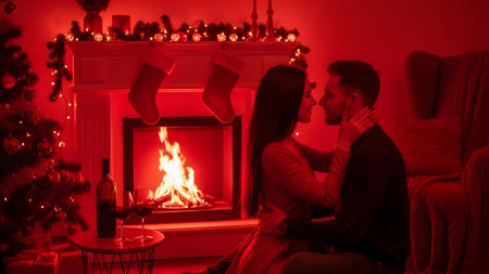 A couple is sitting together in a cozy living room decorated for Christmas, with a fireplace lit and stockings hung above it. They are embracing and appear to be enjoying a romantic evening together, with a bottle of wine on a nearby table.の素材