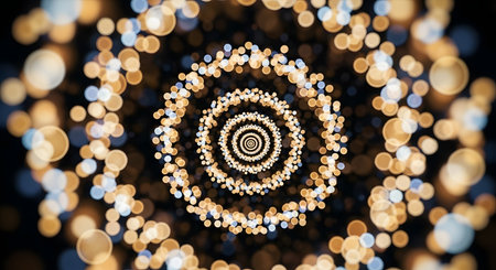 A mesmerizing spiral pattern composed of golden and white lights, set against a blurred background of similar lights, creating a sense of depth and visual intrigue.の素材