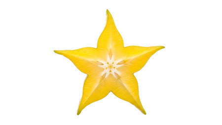A vibrant yellow starfruit with five distinct points, showcasing its unique star-shaped cross-section. The fruit is centered against a clean white background, highlighting its freshness and texture.の素材