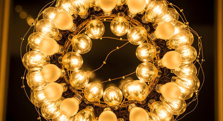 A circular decoration made of numerous spherical lights, intertwined with thin wires, creating a festive ambiance against a dark background.の素材