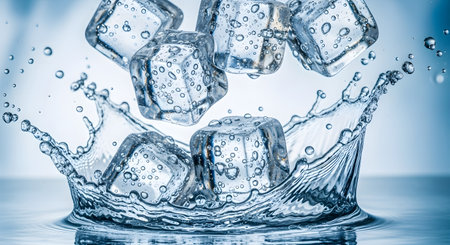 A visually striking image capturing the moment ice cubes hit the water, creating a splash. The clear ice cubes are surrounded by water droplets and ripples, set against a blue-toned background that enhances the freshness and coolness of the scene.の素材