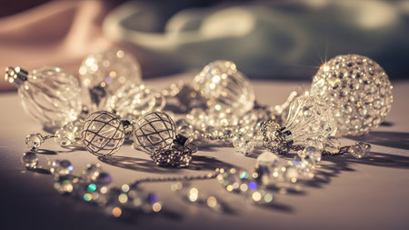 A collection of luxurious Christmas ornaments and decorations scattered on a surface, featuring clear glass balls with intricate designs and sparkling details, surrounded by scattered beads and jewelry, creating a festive and elegant atmosphere.の素材