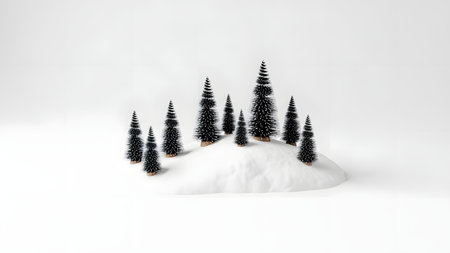 A serene winter scene featuring a small hill covered in snow, surrounded by a cluster of pine trees. The trees are adorned with snow, creating a picturesque and peaceful atmosphere. The image is set against a clean white background, emphasizing the tranquility of the snowy landscape.の素材