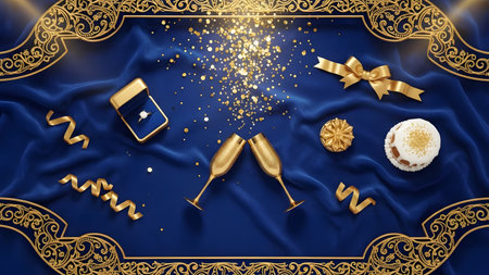 A luxurious blue background with gold decorations, champagne glasses, and a cake, creating a festive atmosphere for a special occasion or celebration.の素材