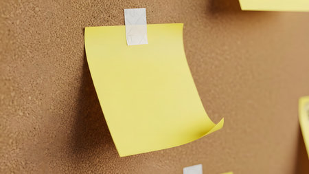 A yellow sticky note is attached to a corkboard with a piece of tape, slightly curled at the bottom right corner. The corkboard serves as the background, with another yellow sticky note partially visible in the lower right corner and a third one in the upper right corner.の素材