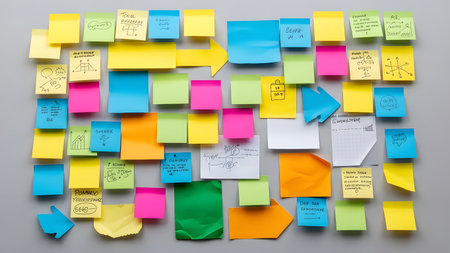 A collection of colorful sticky notes with handwritten notes and ideas stuck on a gray surface, representing brainstorming and organization.の素材