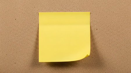 A yellow sticky note is placed on a cork board, providing a blank space for writing notes or reminders. The note is partially curled at the bottom right corner, giving it a slightly worn appearance.の素材