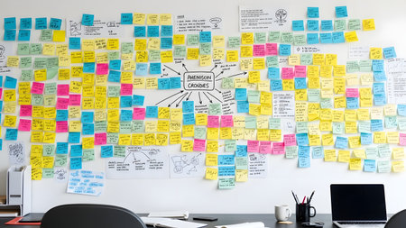 A whiteboard covered with numerous colorful sticky notes, used for a brainstorming session, with a central theme 'Negotiation Dynamics' and various related ideas and keywords branching out.の素材