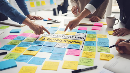 A group of people gathered around a table, engaged in a brainstorming session, surrounded by colorful sticky notes and writing materials.の素材