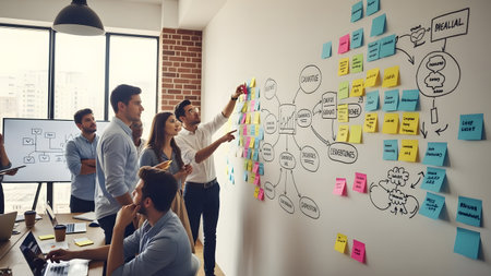 A group of professionals engaged in a brainstorming session, using sticky notes on a wall to organize ideas and collaborate on a project in a contemporary office setting.の素材
