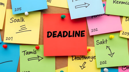 A red sticky note with the word 'DEADLINE' is prominently displayed on a cork notice board surrounded by other colorful sticky notes with various names and numbers written on them.の素材