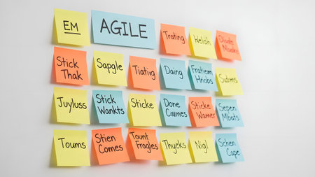 A whiteboard covered with colorful sticky notes, each containing a word related to agile project management, such as 'agile', 'stick', 'sprint', and 'iteration', illustrating a collaborative and iterative approach to project planning and execution.の素材