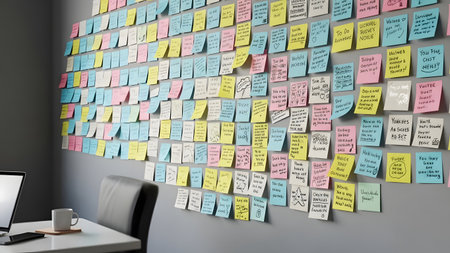A modern office workspace featuring a wall covered in a multitude of colorful sticky notes, indicating a brainstorming or planning session. The desk in the foreground is equipped with a computer monitor, a coffee mug, and a chair, suggesting a collaborative or individual work environment.の素材