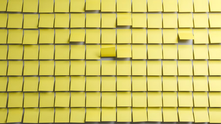 The image depicts a grid of yellow cubes, with some cubes protruding outwards, creating a 3D effect. The cubes are arranged in a uniform pattern, with some of them slightly raised or lowered, giving the impression of depth and texture. The overall effect is one of modernity and simplicity, with the bright yellow color adding a pop of vibrancy to the image.の素材