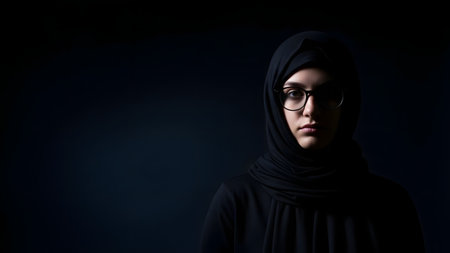 A woman is wearing a black hijab and glasses, standing against a dark background. The image is dimly lit, with the woman being the main focus. She has a serious expression on her face.の素材