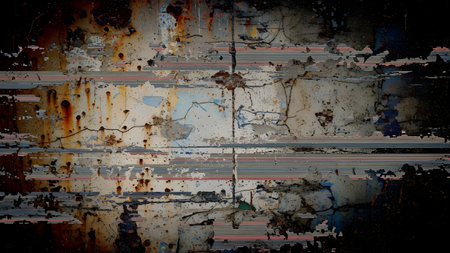 A close-up of a worn, rusty metal surface with a distressed finish, featuring visible signs of aging and wear, including rust spots, scratches, and peeling paint, creating a textured and weathered appearance.の素材